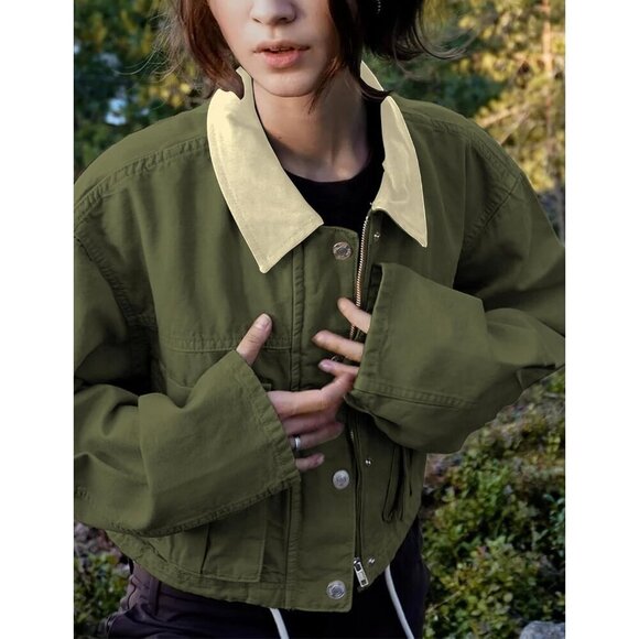 Women Army green Cropped Utility Cargo Coat Contrast Collar Barn Outwear - Picture 2 of 6